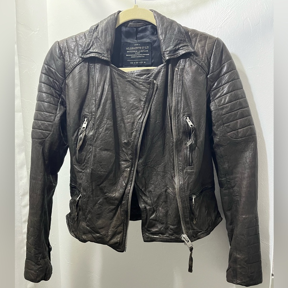 All Saints Slate Biker Spitalfields Jacks Place Leather Jacket - Picture 4 of 14